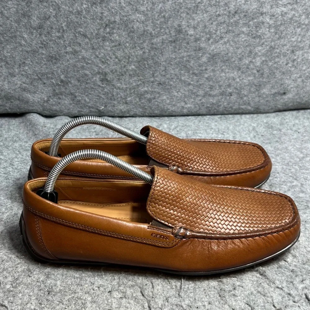 Geox Respira Mens Brown Leather Woven Vamp Driving Loafers Shoes Size 43